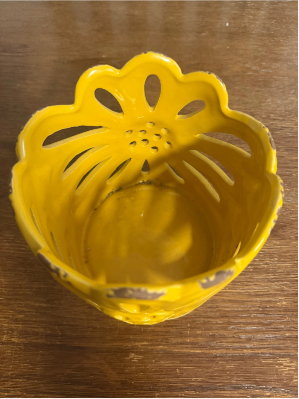Yellow Ceramic Floral Cutout Candle Holder Luminary Distressed 6” Boho Decor
